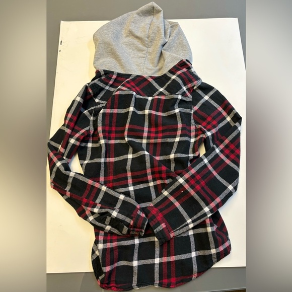 Hooded Flannel long sleeve button up red flannel grey hood size Small - Picture 5 of 8